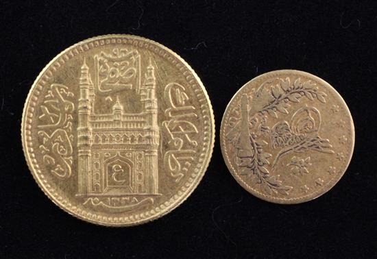 An Indian Hyderabad gold Ashrafi, c.1918 and an Ottoman 50 piastres gold coin,